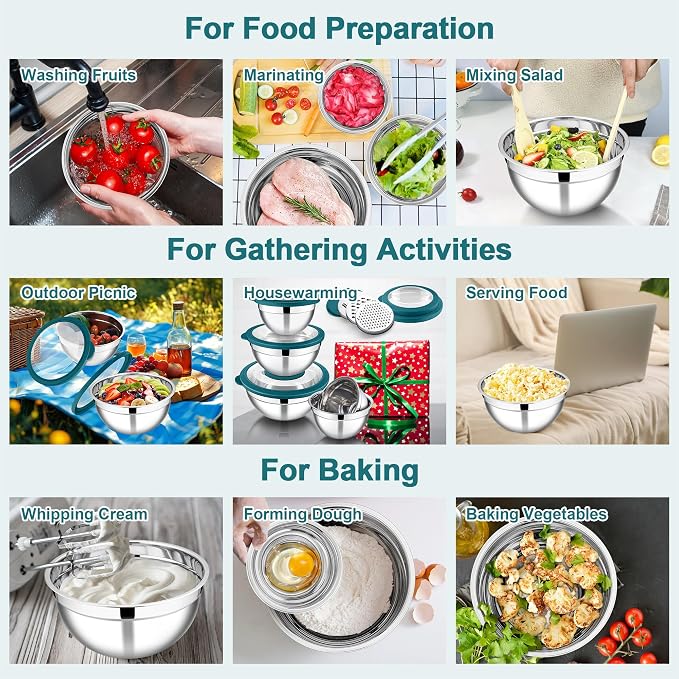 E-far Mixing Bowls Set of 5, Stainless Steel Salad Mixing Bowl - Image 6