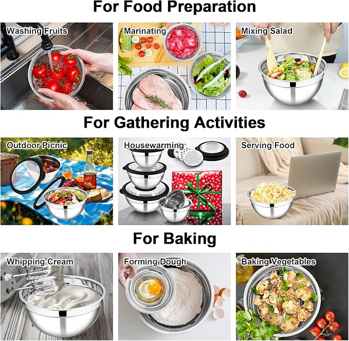 E-far Mixing Bowls Set of 5, Stainless Steel Salad Mixing Bowl - Image 6