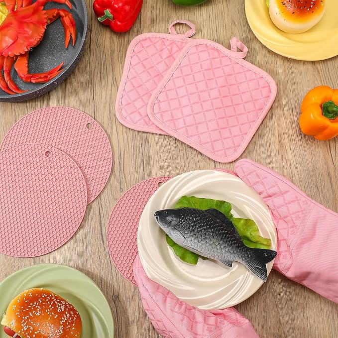 Sumind Pink Oven Mitts and Pot Holders 7 Sets, Heat Resistant Kitchen Gloves - Image 4
