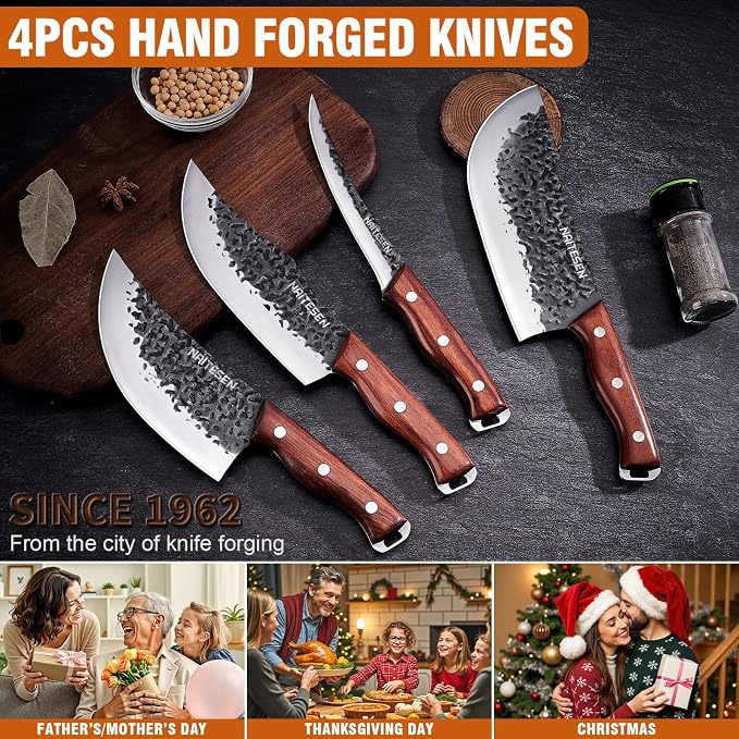 Naitesen 4PCS Butcher Knife and Kitchen Knife Set, Hand Forged Very Sharp - Image 7