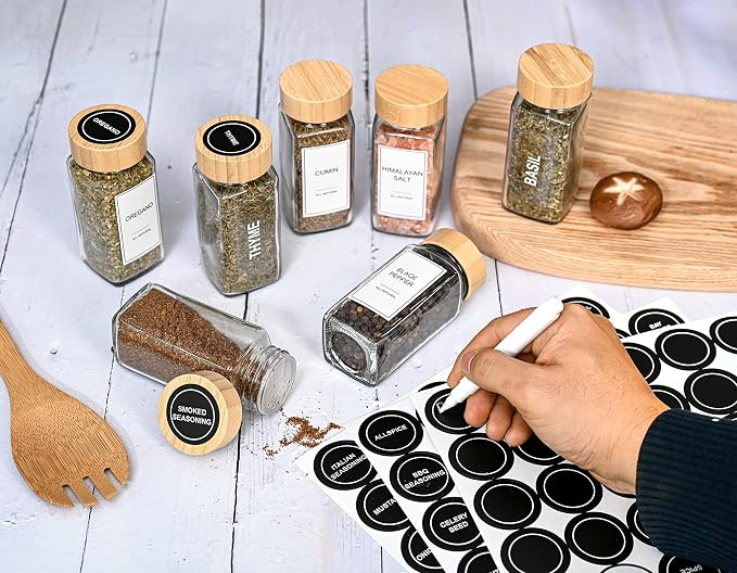 Glass Spice Jars with Label Set, Bamboo Lids & Funnel - Image 6
