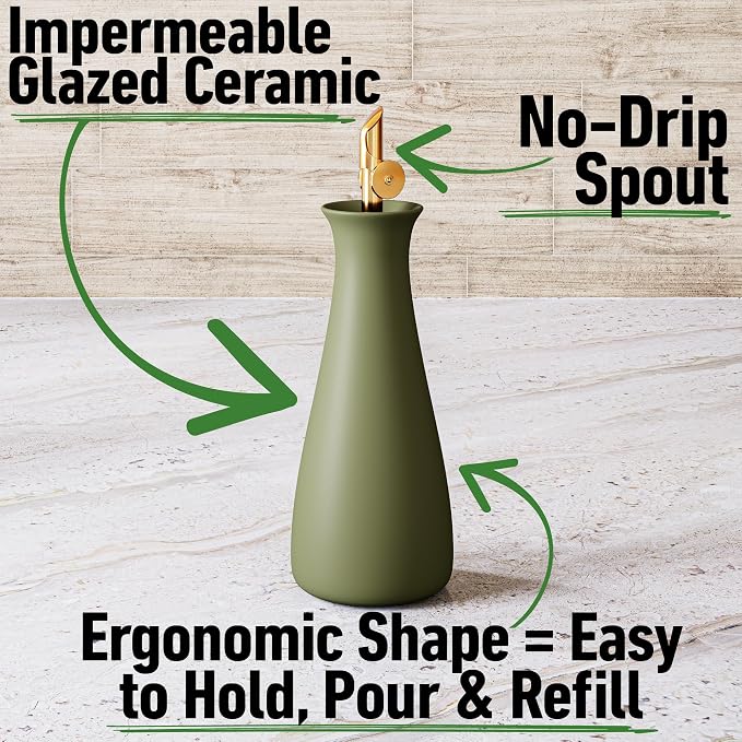 Ceramic Olive Oil Dispenser - 530 ML Capacity Matte Green Ceramic Oil Dispenser - Image 2