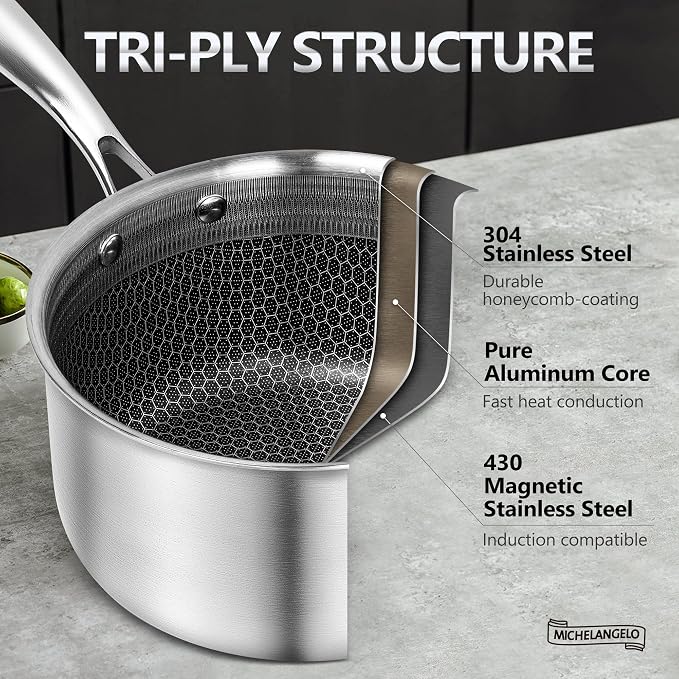 MICHELANGELO Triply Stainless Steel Pot Set, Hybrid Nonstick Saucepan Set - Image 4