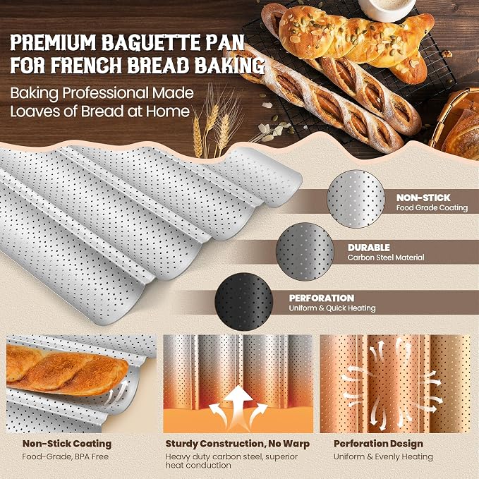 Pavsrmy Baguette Bread Pan, Premium Nonstick Perforated Baguette Pan - Image 4