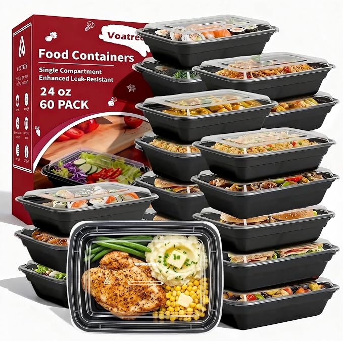 60 Pack 24 oz Meal Prep Containers Reusable, Plastic Food Storage Container by VOATREE