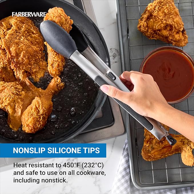 Farberware Silicone-Tipped Locking Kitchen Tongs – Heat Resistant, Nonstick Safe - Image 4