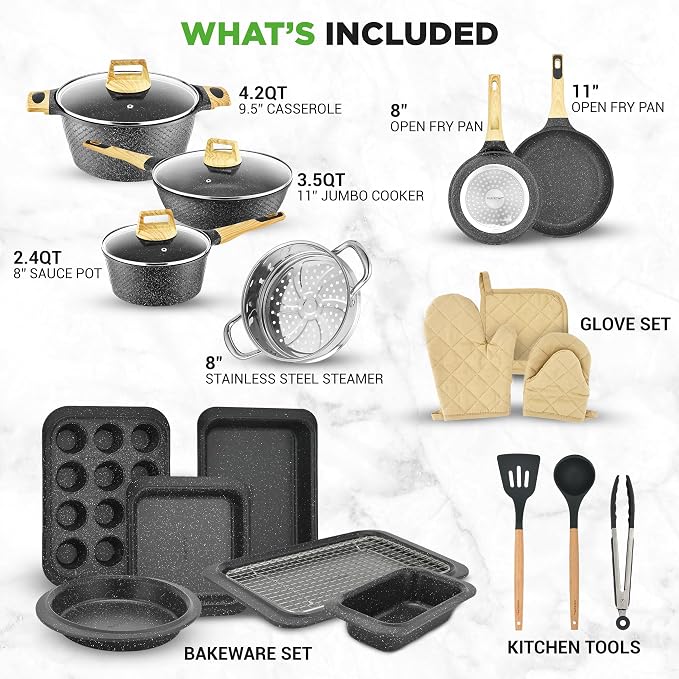 NutriChef 22-Piece Black Marble Non-Stick Cookware and Bakeware Set - Image 2