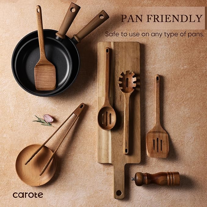 CAROTE Wooden Kitchen Utensils Set, Acacia Wood 8pcs Cooking Utensil Set - Image 4