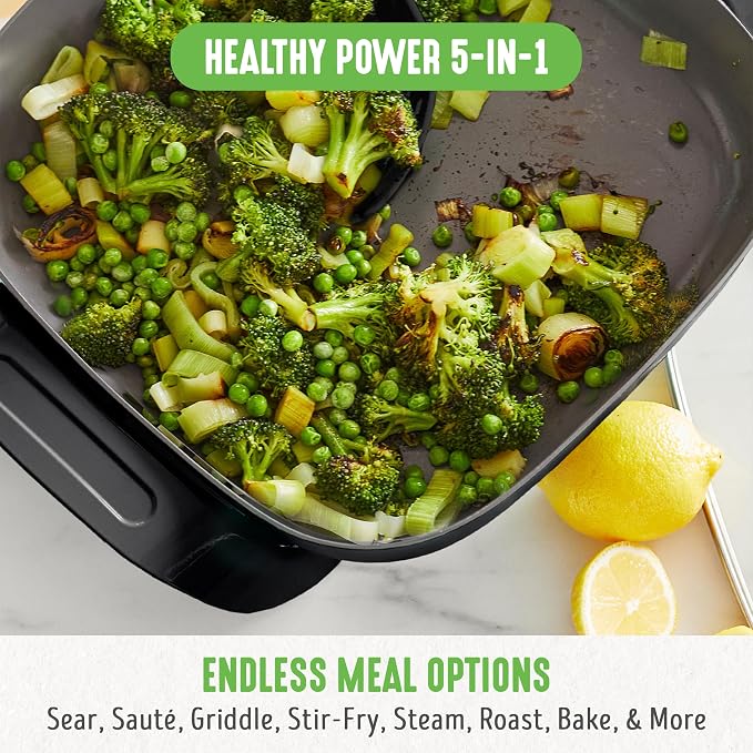 GreenLife 12" 5QT Square Electric Skillet, Glass Vented Lid, Ceramic PFAS-Free - Image 4