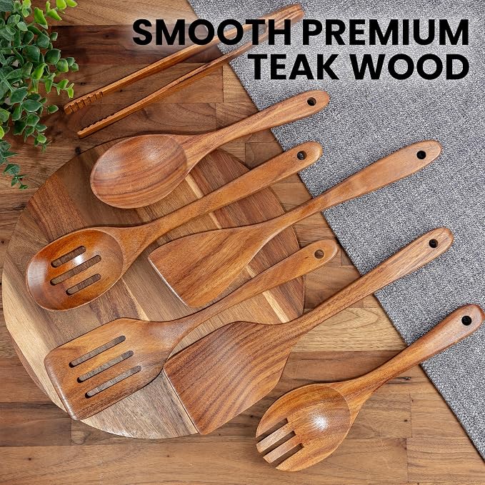 Zulay Kitchen Teak Wood Utensil Set – 7 Piece Wooden Cooking Utensils – Slotted - Image 3