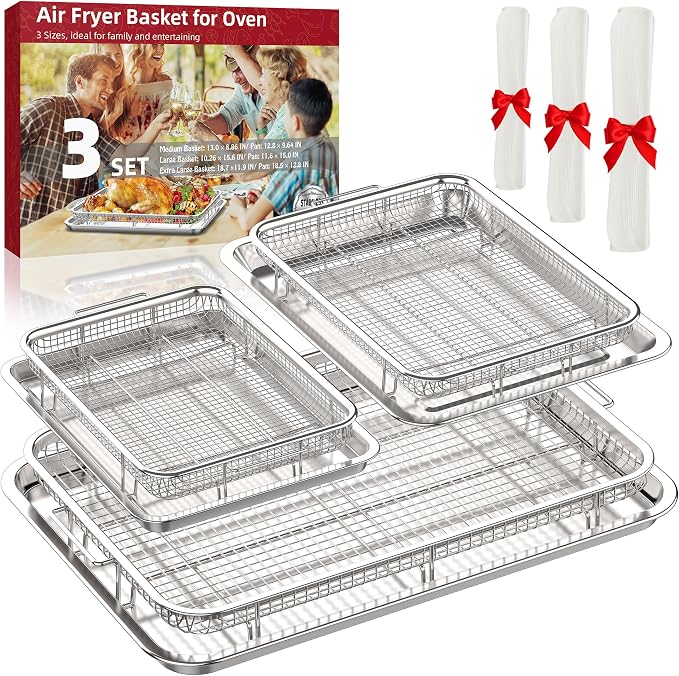 Air Fryer Basket for Oven, 3 Set Stainless Steel Oven Air Fryer Basket and Tray by OPENICE