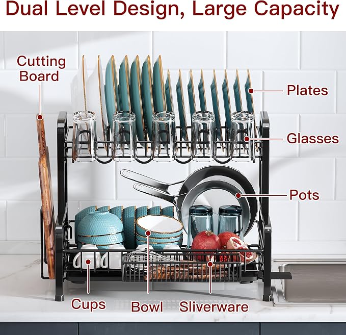 2 Tier Black Dish Drainer Drying Rack - Image 3