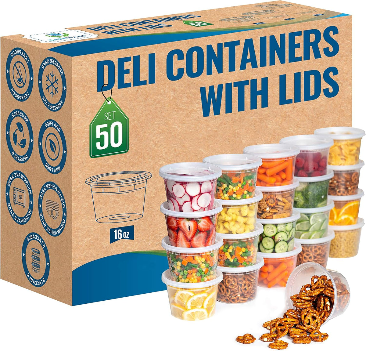 Deli Plastic Food Containers with Airtight Lids [50 Sets], Leakproof