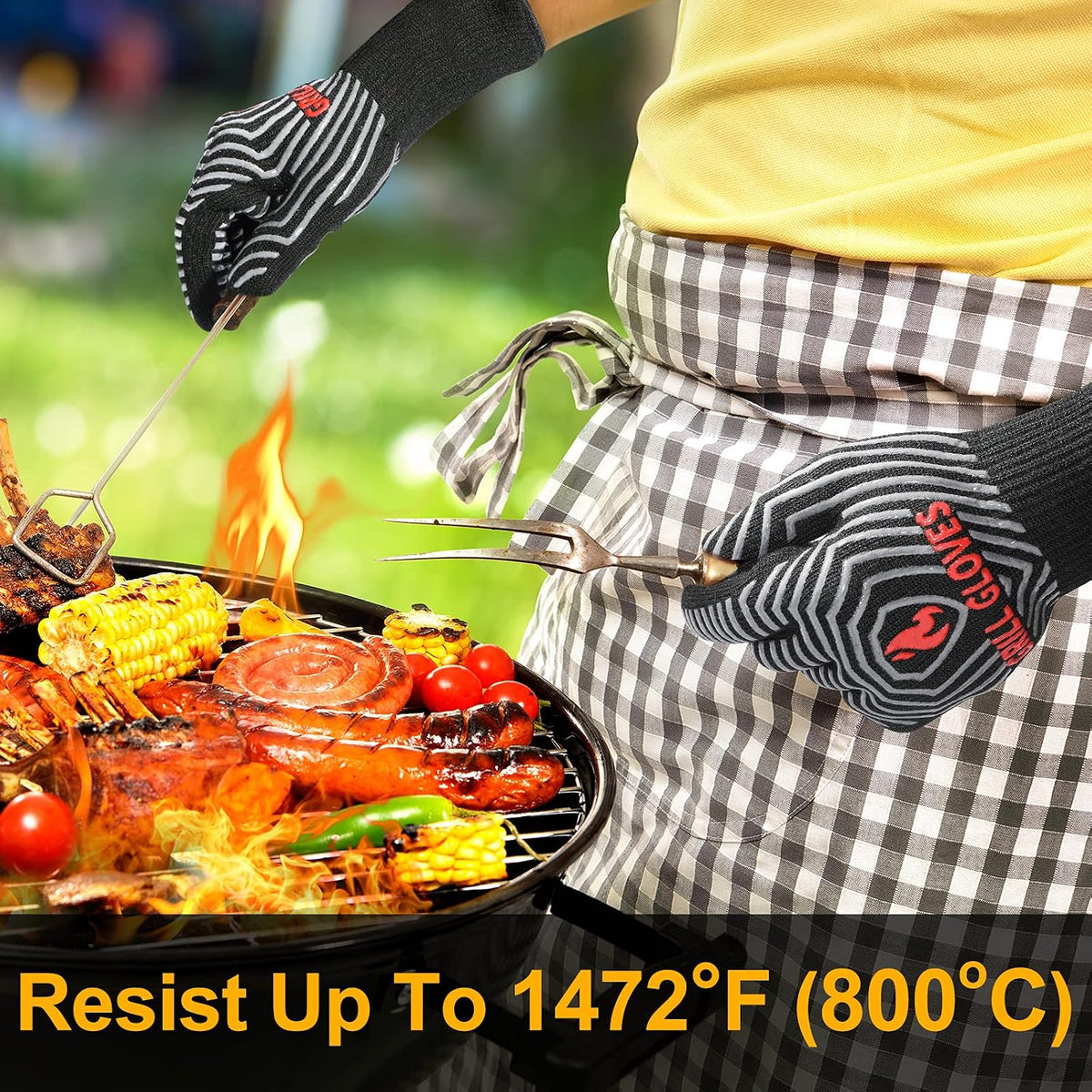 QUWIN BBQ Gloves, Oven Gloves 1472°F Extreme Heat Resistant, Grilling