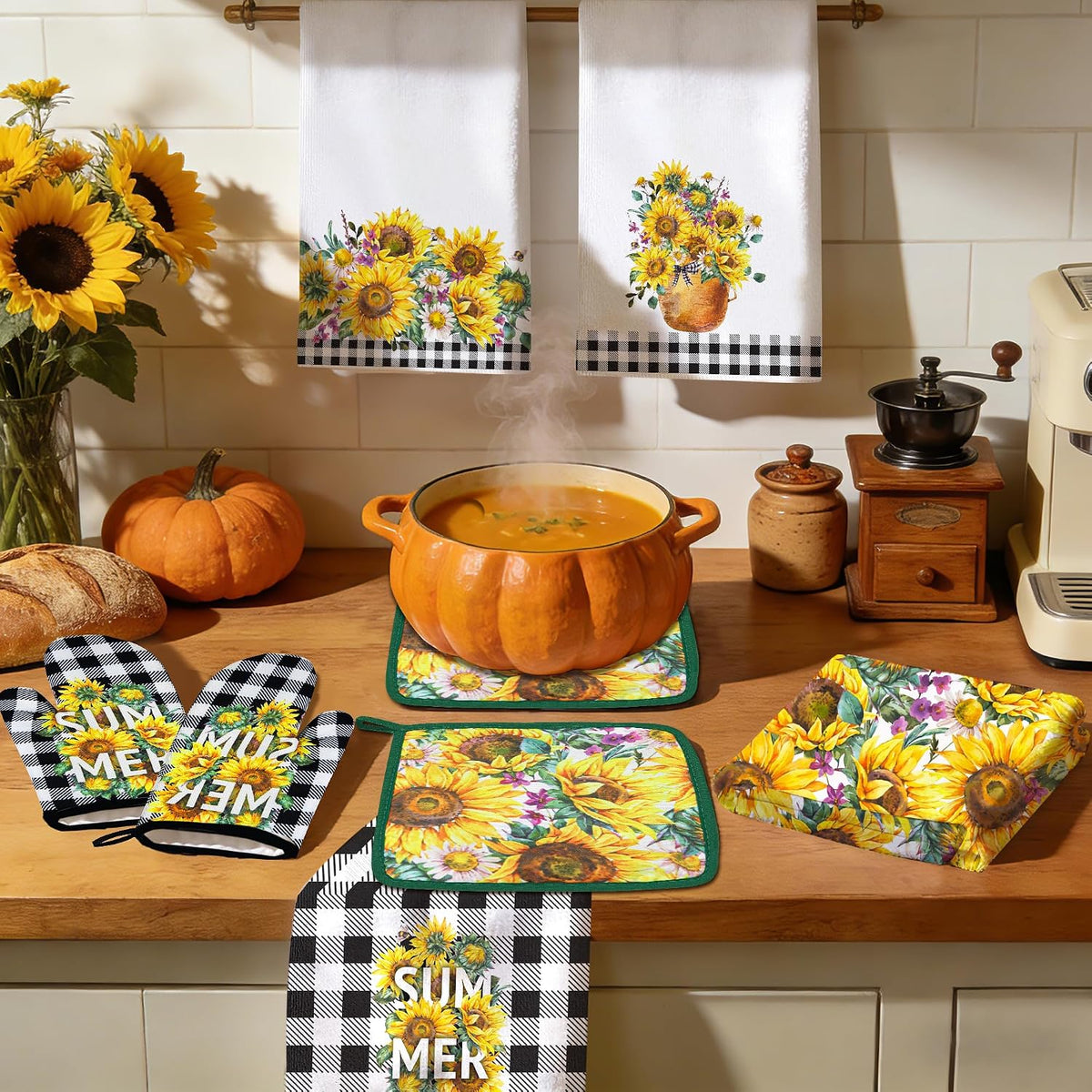 10 PCS Sunflower Plaid Kitchen Decor and Accessories - Sets 4 Kitchen