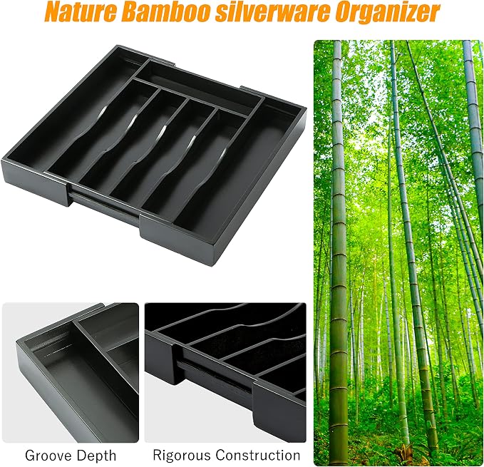 Bellsal Black Silverware Organizer Kitchen Drawer Organizer Expandable Bamboo - Image 6