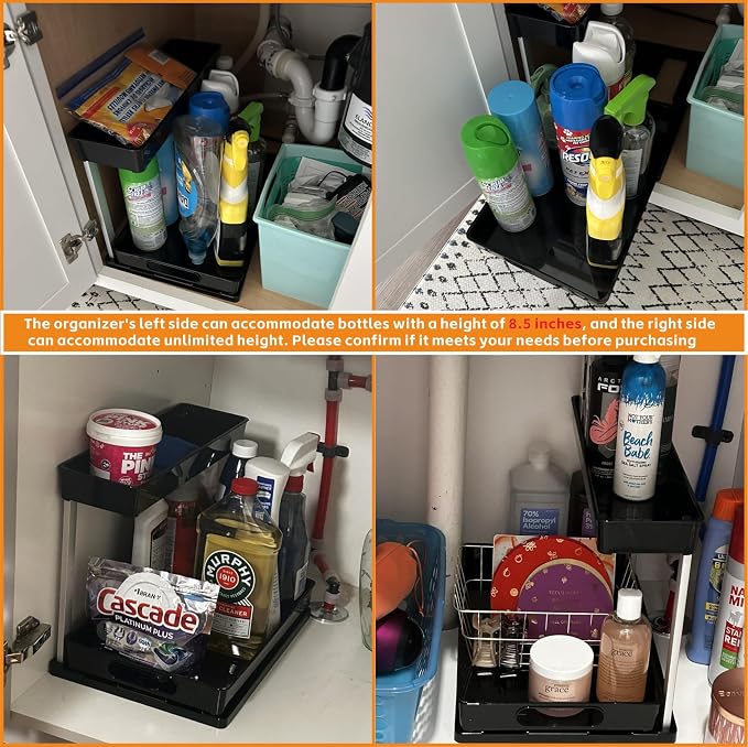 Yieach 2 Pack 10.8″ High Pull Out Under Sink Organizer, 14.5″ Deep 2 Tier Slide - Image 5