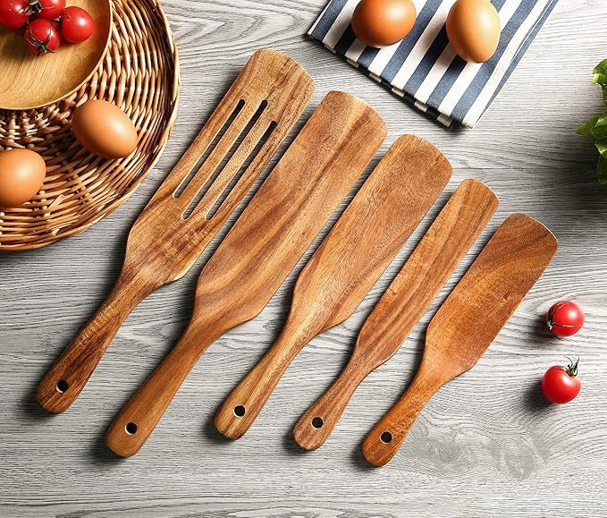 Wooden Spurtles Set with Holder, Natural Teak Kitchen Utensil Set of 6 - Image 4