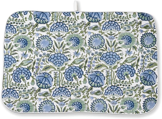 Boho Navy Blue Sage Green Dish Drying Mat 18x24 Inch Vintage Floral Drying Mat by DAFENA