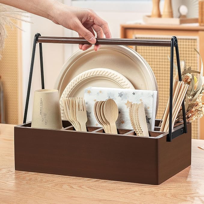 PTSTING Silverware Caddy with Handle Acacia Wood Utensil Holder Paper Plate - Image 2