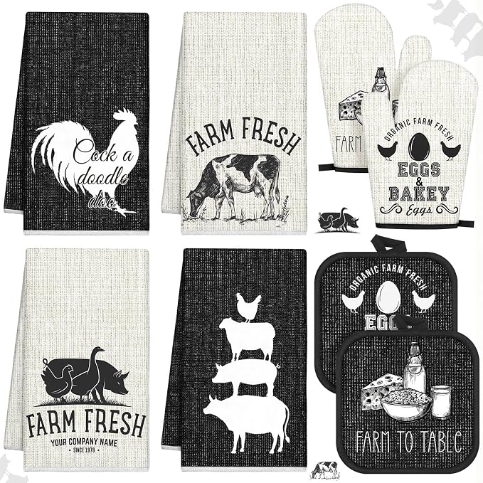 VitalCozy 8 Pcs Farm Animal Theme Kitchen Towels Pot Holders and Oven Mitt Set by VitalCozy