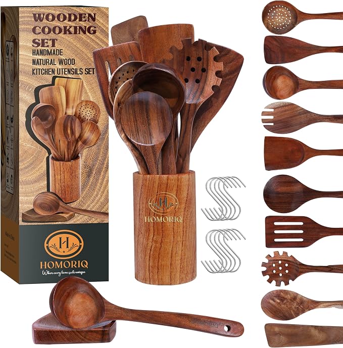 12-Piece Premium Teak Wooden Cooking Utensils Set – Heat-Resistant Spoons & by Unknown