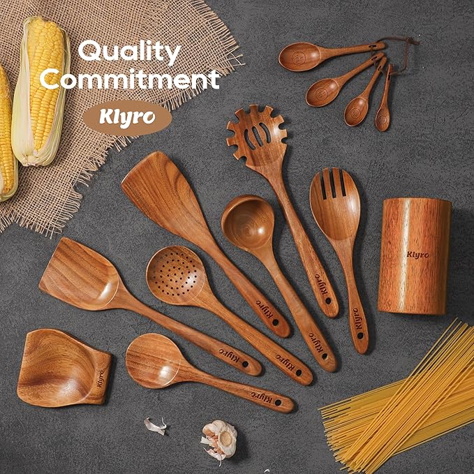 KLYRO Wooden Spoons for Cooking, Nonstick Kitchen Utensils Set - Image 6