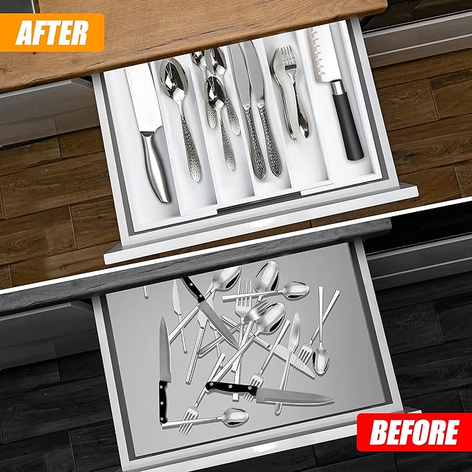 Bellsal White Silverware Organizer Kitchen Drawer Organizer Expandable Bamboo - Image 2