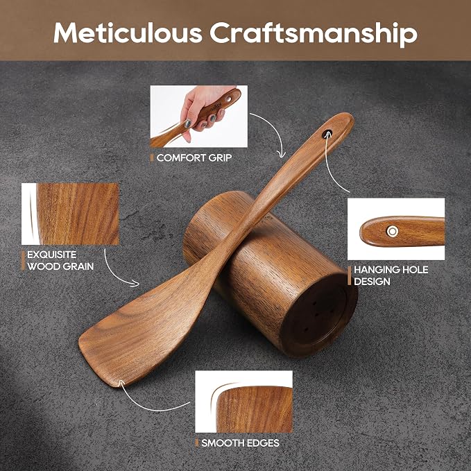 KLYRO 5 PCS Wooden Spatula Set, Natural Teak Wooden Spoons - Image 5