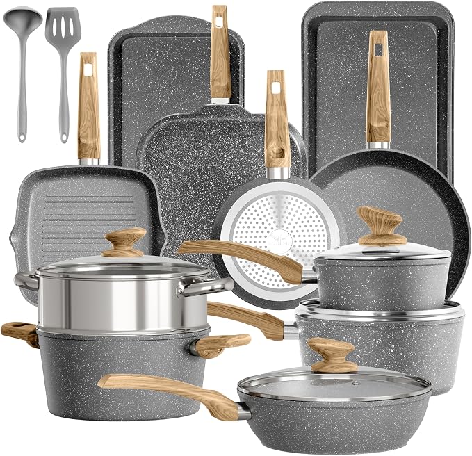 DishDelight 17 Piece Pots and Pans Set Non Stick, Granite Nonstick Cookware Set by DishDelight