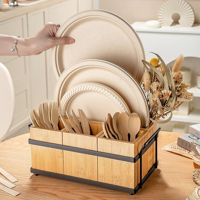 PTSTING Silverware Caddy Wood Utensil Holder Paper Plate Dispenser Silverware - Image 3