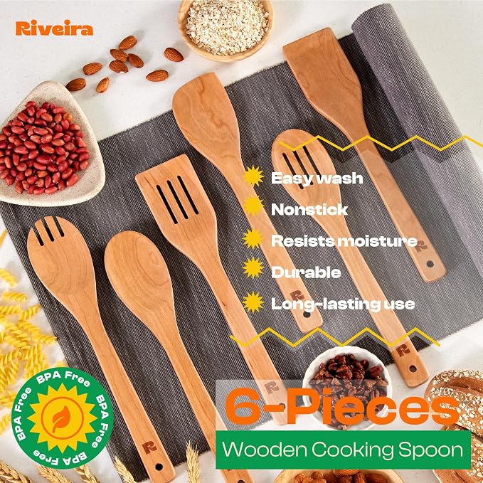 Riveira Cherry Wooden Spoons for Cooking Set of 6 – Natural Cherry Wooden - Image 5