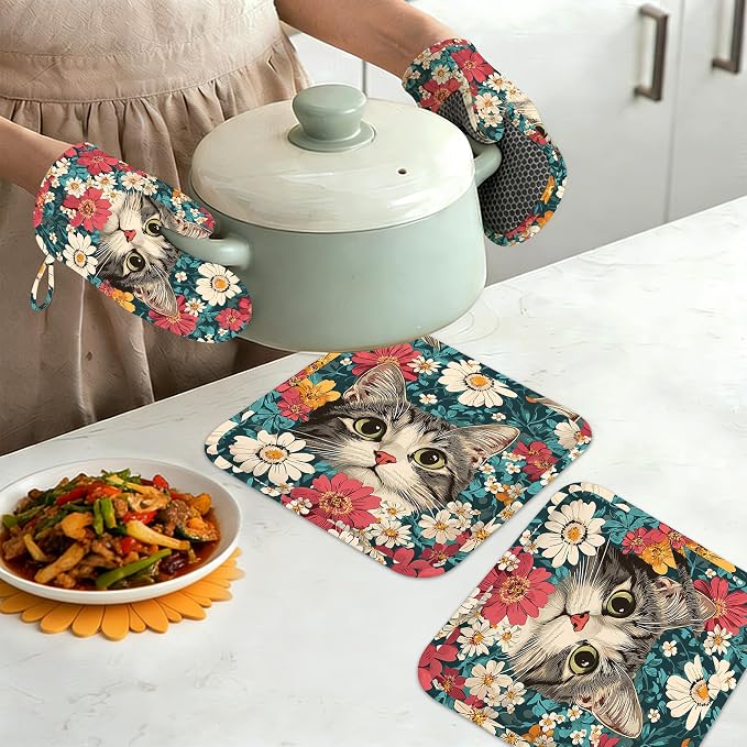 Cute Cat Oven Mitts and Pot Holders Set of 4, Blooming Colorful Flowers Kitchen - Image 7