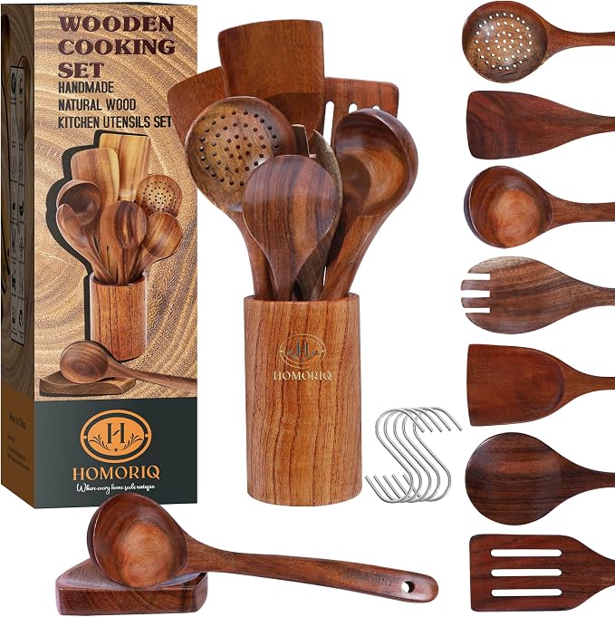 9 Piece Premium Teak Wooden Cooking Utensils Set- Spoons and Spatulas by Unknown