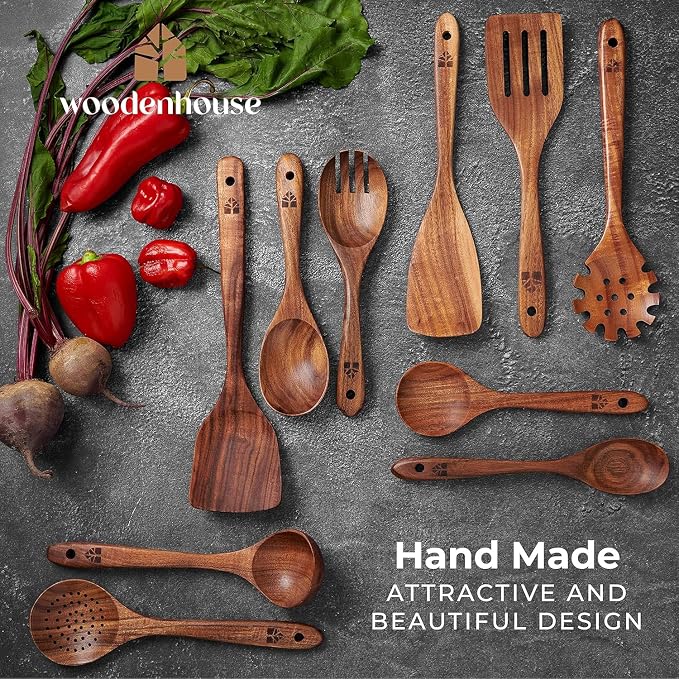 Wooden Spoons for Cooking – 10 Pcs Teak Wood Utensil Set, Nonstick Safe & Heat - Image 7
