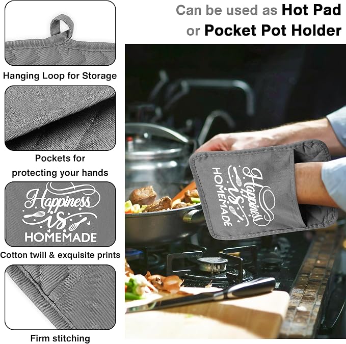 GROBRO7 6Pcs Cotton Oven Mitts and Pot Holders Set Happiness is Homemade Heat - Image 4