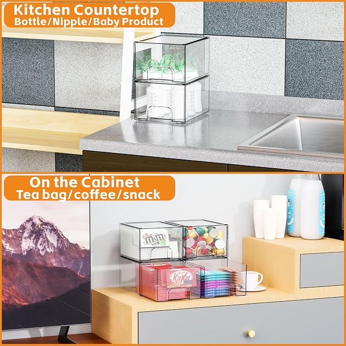 Yieach 4 Pack Clear Stackable Storage Drawers, 4.4'' Tall Acrylic Drawer - Image 9