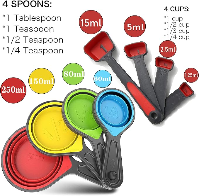 Collapsible Silicone Soft Measuring Cups and Measuring Spoons, 8 pieces - Image 2