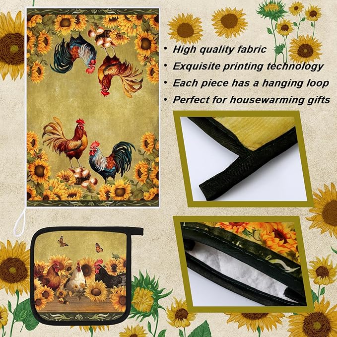 Leinuosen 6 Sunflower Rooster Farmhouse Kitchen Decor Dish Towels Oven Mitts - Image 5
