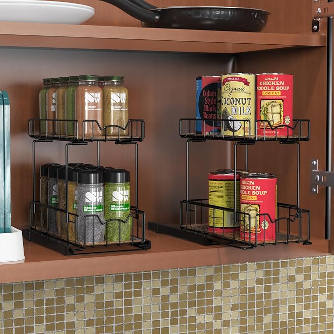 Simple Houseware 2-Tier Spice Rack Slide Out Wire Basket Drawer Organizer - Image 3