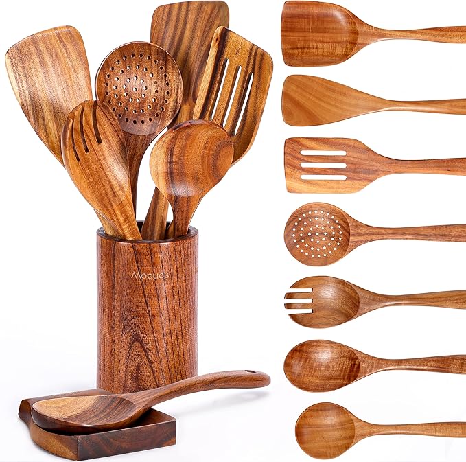 Mooues 9 Piece Natural Teak Wooden Kitchen Utensil Set by Mooues