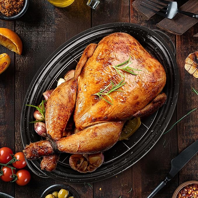 15” Roaster Pan with Lid and Rack, Small Enamel Roaster Pan with Oval Roasting - Image 8