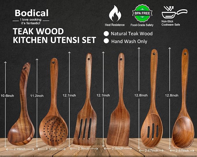 Wooden Spoons for Cooking, Natural Premium 6 Piece Teak Wooden Cooking Utensils - Image 2