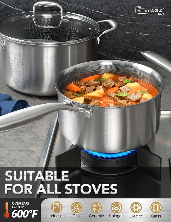 MICHELANGELO 6 Pcs Tri-ply Stainless Steel Pot Set, 2QT & 3QT & 8QT Pot - Image 2