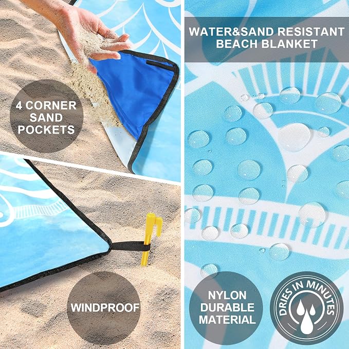 WIWIGO Beach Blanket Waterproof Sandproof Beach Mat 79" X 83"/10'x9'for 2-8 - Image 4