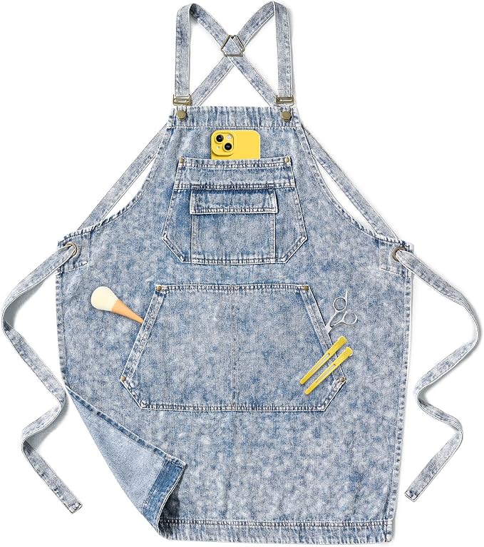 Denim Apron with Pockets for Hair Stylist Gardening Craftsmen Barista Women by Vammcht