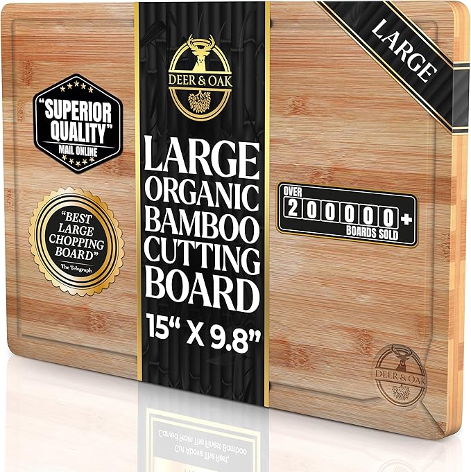 Deer & Oak Large Bamboo Chopping Board 15" x 9.8" x 0.8", Premium Wooden by DeerOak