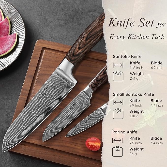 Wakoli EDIB 3-Piece Damascus Kitchen Knife Set in Wooden Gift Box, Razor Sharp - Image 6