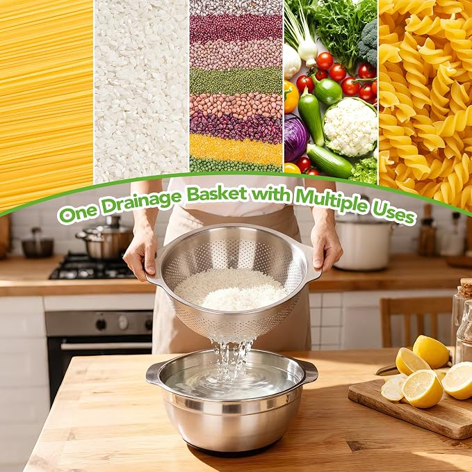 304 Stainless Steel Colander, 2.5 QT Capacity and 2.5 QT Mixing Bowl, Micropore - Image 4