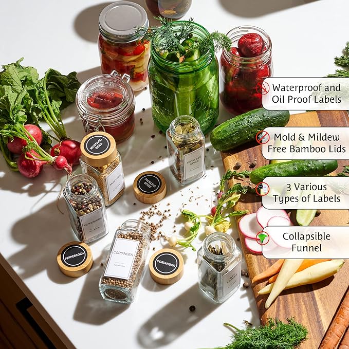 Glass Spice Jars with Label Set, Bamboo Lids & Funnel - Image 3